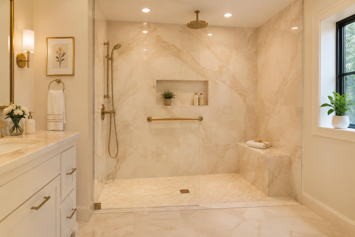 Curbless walk-in shower with bench and grab bar