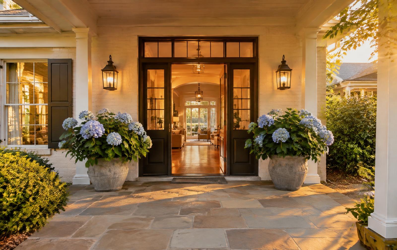 Welcoming step-free front entry with hydrangeas