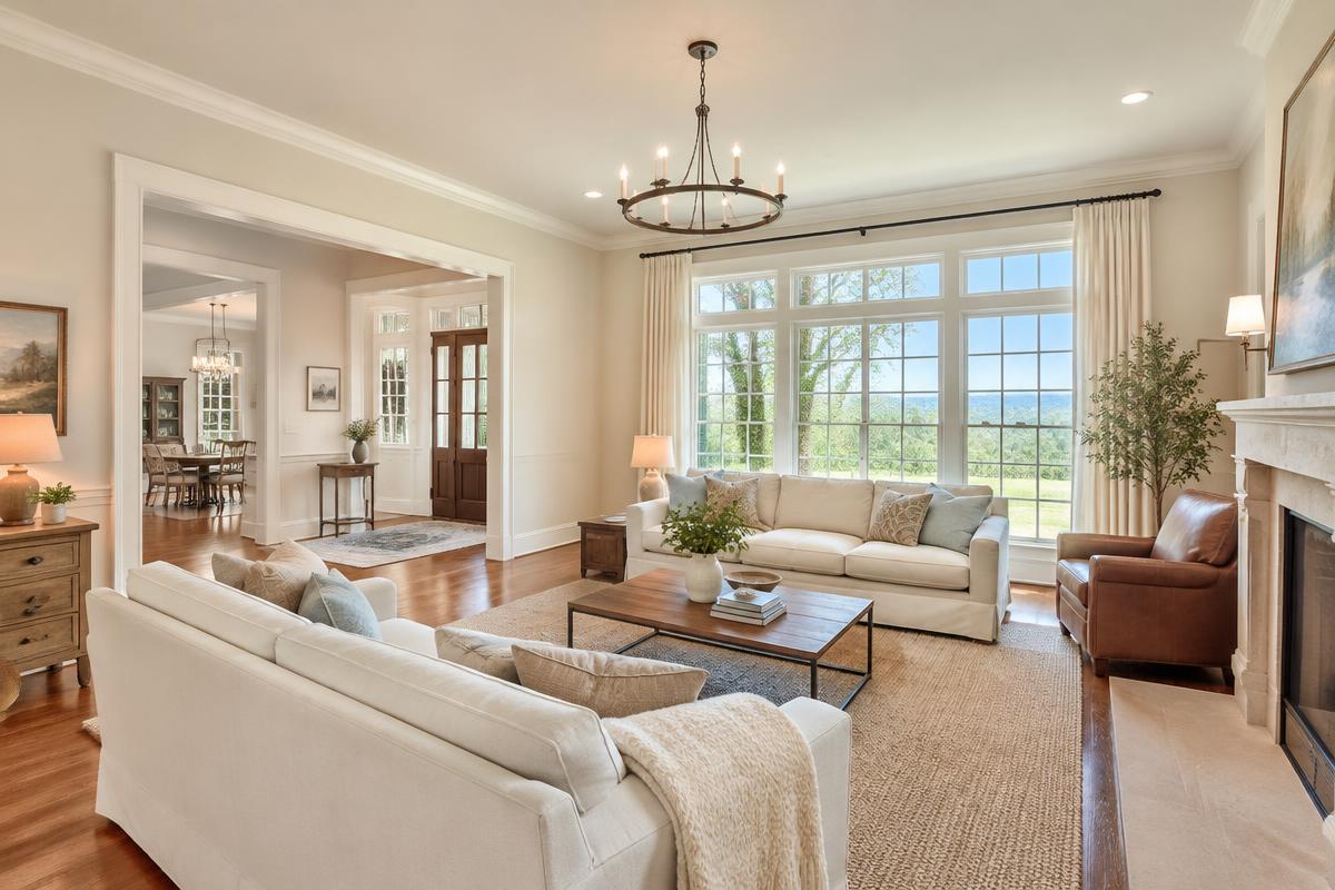 Bright living room with wide open doorways